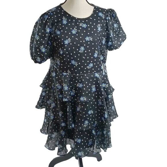 Sandy Liang Womens Size M Dress Black Floral Ruffle Tiered Puff Sleeve Mini - Picture 3 of 8
